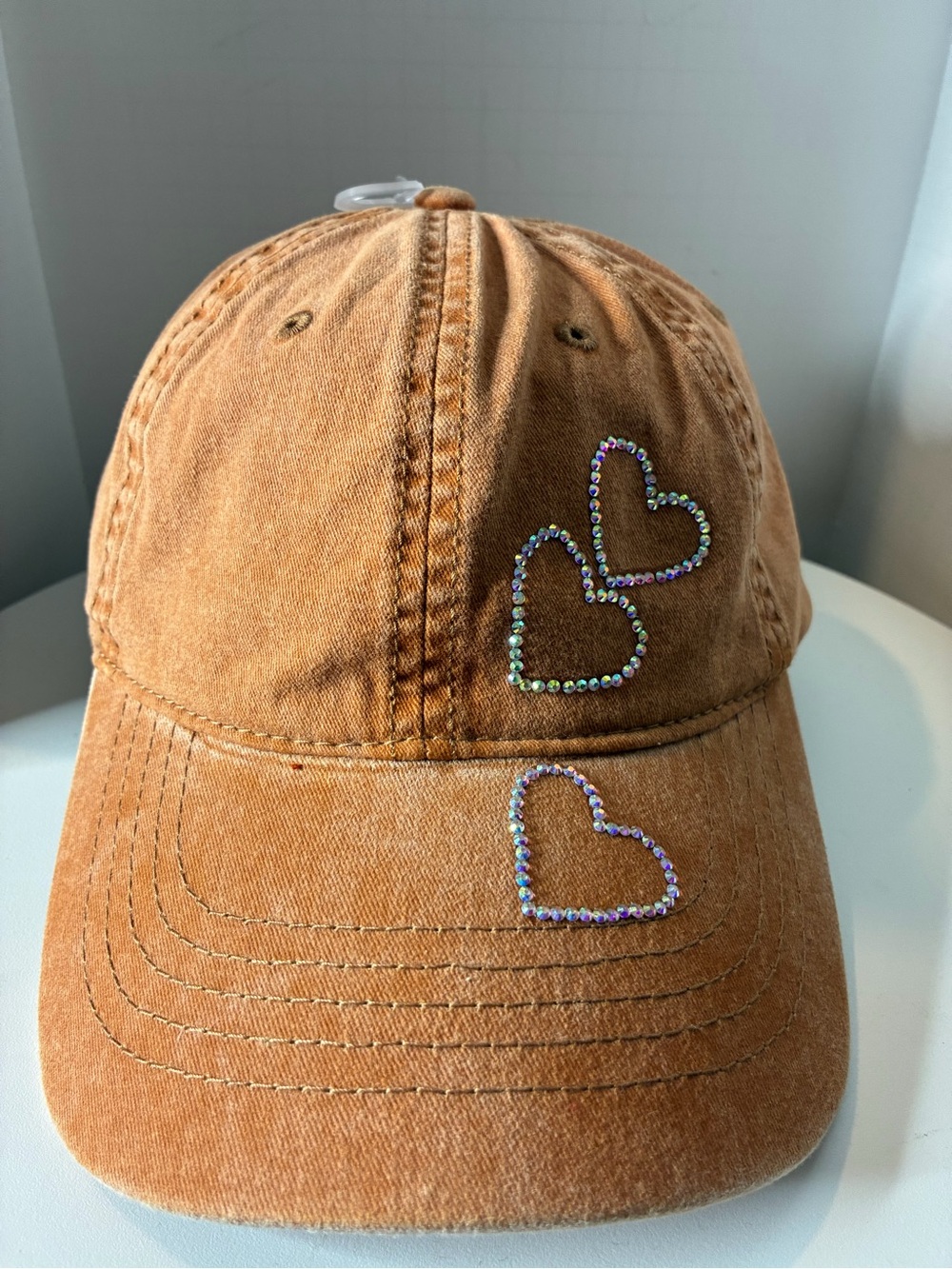 Women orange washed custom Rhinestone Cap